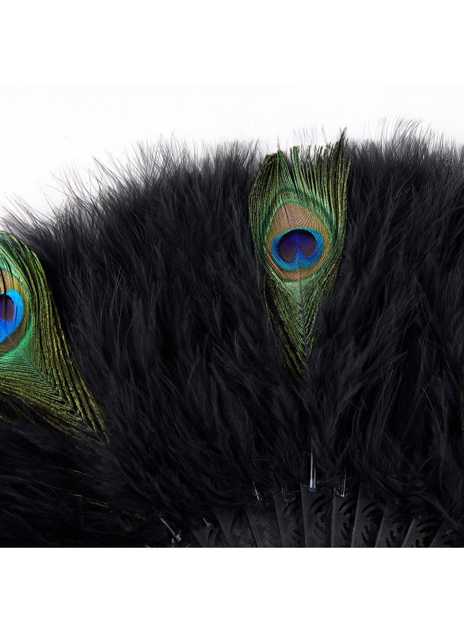 BABEYOND مروحة بابيوند من ريش المارابو 20s مروحة قابلة للطي عتيقة مروحة يد لعرض الرقص حفلة شاي زينة زفاف (أسود و طاووس-أسود ريب) - Image 3