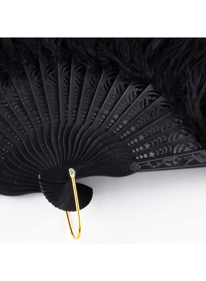 BABEYOND مروحة بابيوند من ريش المارابو 20s مروحة قابلة للطي عتيقة مروحة يد لعرض الرقص حفلة شاي زينة زفاف (أسود و طاووس-أسود ريب) - Image 4