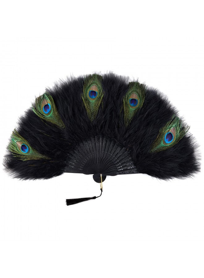 BABEYOND مروحة بابيوند من ريش المارابو 20s مروحة قابلة للطي عتيقة مروحة يد لعرض الرقص حفلة شاي زينة زفاف (أسود و طاووس-أسود ريب) - Image 2