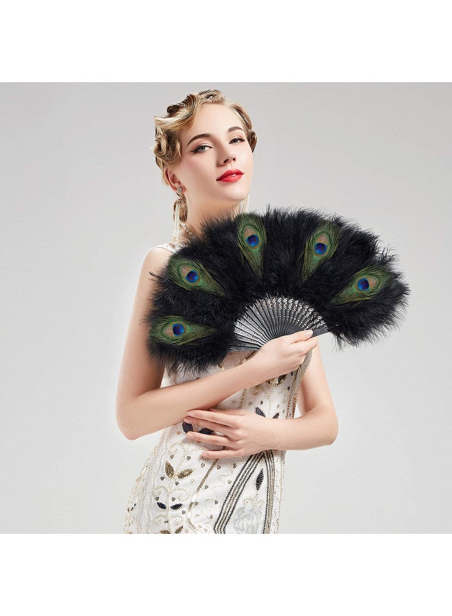 BABEYOND مروحة بابيوند من ريش المارابو 20s مروحة قابلة للطي عتيقة مروحة يد لعرض الرقص حفلة شاي زينة زفاف (أسود و طاووس-أسود ريب) - Image 5