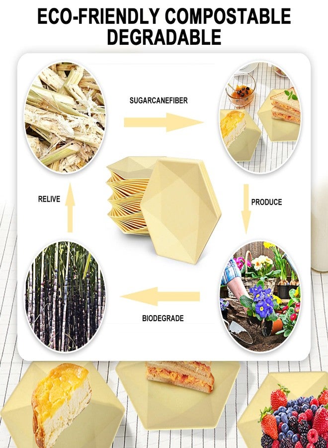 BangShou 30 Count Disposable Yellow Paper Plates, 10 Inch Biodegradable Appetizer Dessert Plates, Hexagonal Paper Platters for Wedding, Birthday, BBQ, Party, Everyday Meals - Image 3
