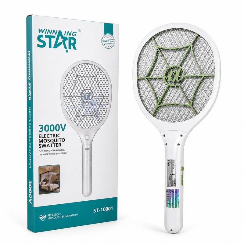 Winning Star - Electric Mosquito Swatter Racket 3000V Rechargeable Bug Zapper - White - A1-718 - Image 1