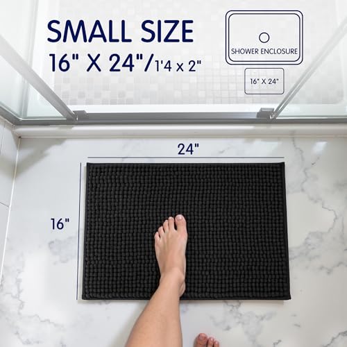SUBRTEX Bathroom Rugs Chenille Bath Rug Soft Short Plush Bath Mat Soft Shower Mat Water Absorbent Shower Mat Quick Dry Machine Washable(Black,16" x 24") - Image 2