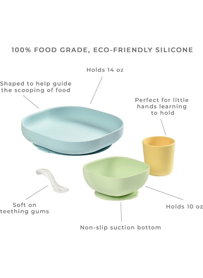 BEABA Béaba Silicone 4-Piece Dishware - 100% Silicone Baby Plate Set, Baby Bowls - Includes Baby Plate, Baby Bowl, Baby Cup, 2nd Stage Silicone Spoon, Pastels - Image 2