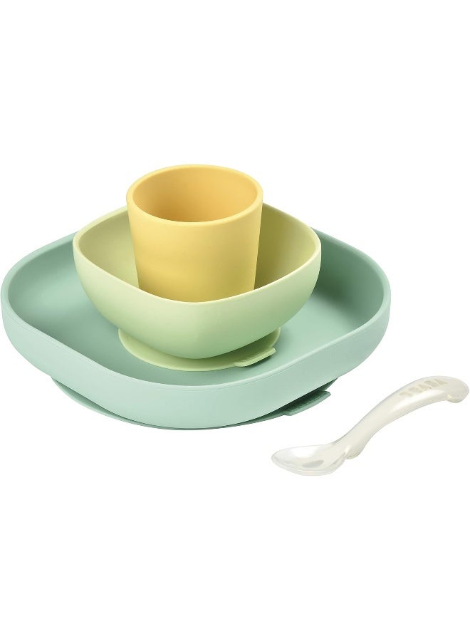 BEABA Béaba Silicone 4-Piece Dishware - 100% Silicone Baby Plate Set, Baby Bowls - Includes Baby Plate, Baby Bowl, Baby Cup, 2nd Stage Silicone Spoon, Pastels - Image 1