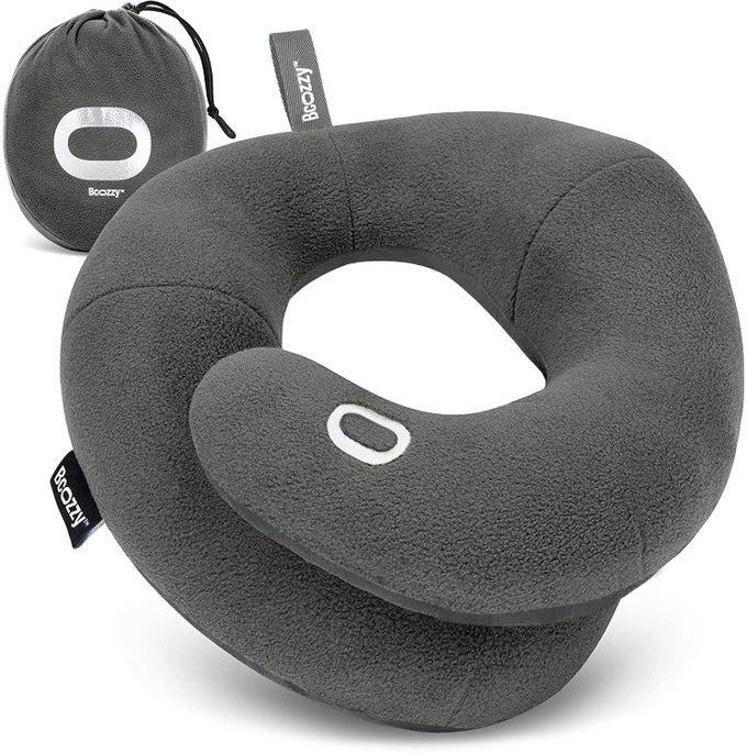 TRAVEL NECK PILLOW FOR AIRPLANE PATENTED DOUBLE SUPPORT FOR HEAD NECK AND CHIN BEST FOR LONG FLIGHTS PLANE SLEEPING AND CAR RIDES ADJUSTABLE SIZE FULLY WASHABLE CARRY BAG LARGE GRAY
