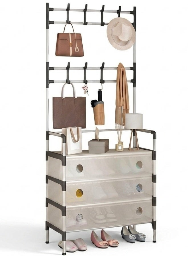 Multi-Purpose Open Wardrobe Organizer with Hanging Rail, 3 Fabric Storage Baskets, Top Shelf & Side Hooks – Heavy Duty Metal Clothes Rack 63 × 28 × 162 cm for Clothing, Shoes, Bags & Accessories, Space Saving Garment Stand for Bedroom, Entryway & Apartment - Image 1
