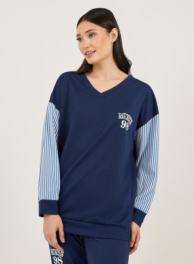 Styli Graphic Print Contrast Stripe Longline Sweatshirt & Leggings Set  - Image 3