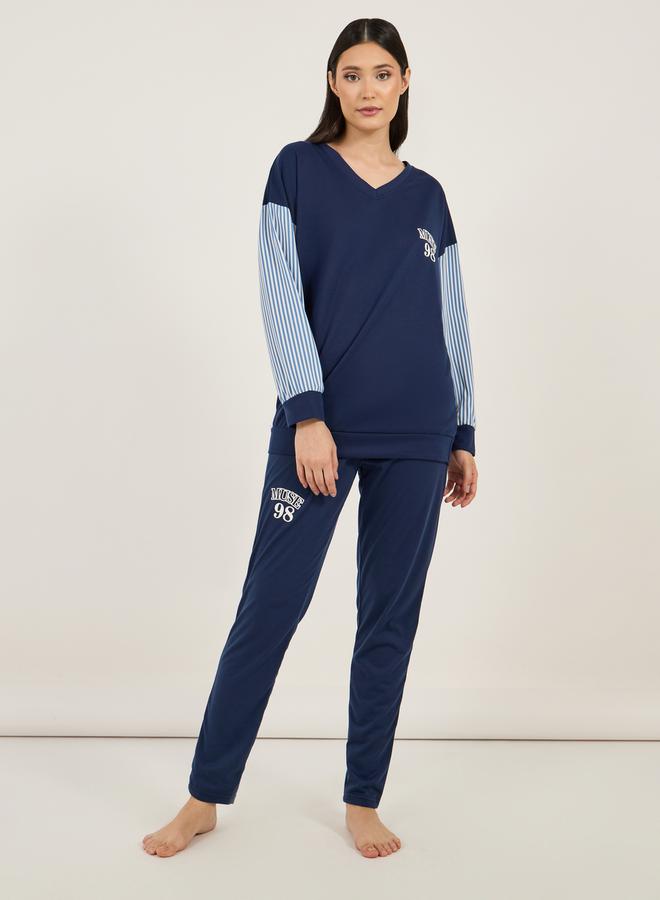 Styli Graphic Print Contrast Stripe Longline Sweatshirt & Leggings Set  - Image 2