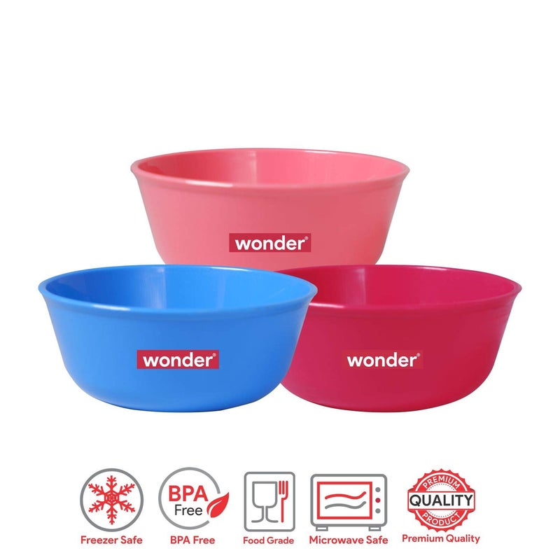 Wonder Homeware Sigma 500 Unbreakable BPA Free Plastic Bowl Set for Cereal, Salad, Rice, Soup, Pasta, Snack Bowl, Microwave Safe, Dishwasher Safe, 3 Pcs, 450 ml (Pink Red Blue) - Image 4
