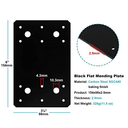 MOUNTAIN_ARK 6 Pack Black Flat Mending Plate, 6" x 3-7/8" Steel Straight Tie Plate for Wood Furniture, Repair Bracket Corner Brace Connector Fits 6x6 6x8 Timber, 2.9mm Thick - Image 2