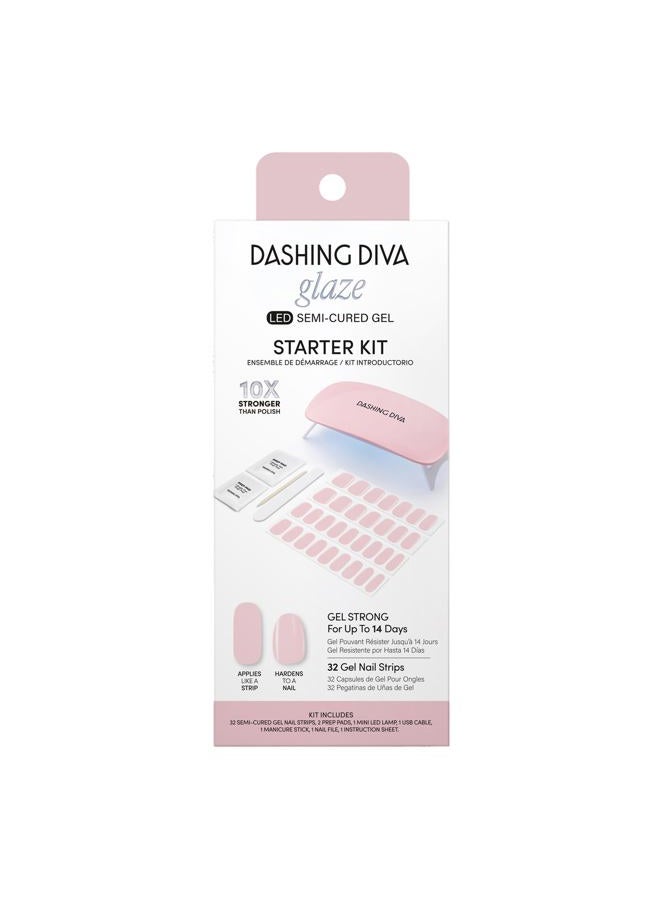 DASHING DIVA Glaze Nail Starter Kit - Pale Pink - Semi-Cured, Long Lasting & Tear Resistant Gel Nail Strips - 7 Piece Manicure Set With 32 Strips & Mini Led Lamp - Image 1