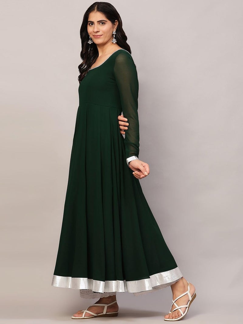 KZA Women's Green Georgette Hand Embroidered Flared Anarkali Kurta with Full Sleeves for Ethnic Wear - Image 3