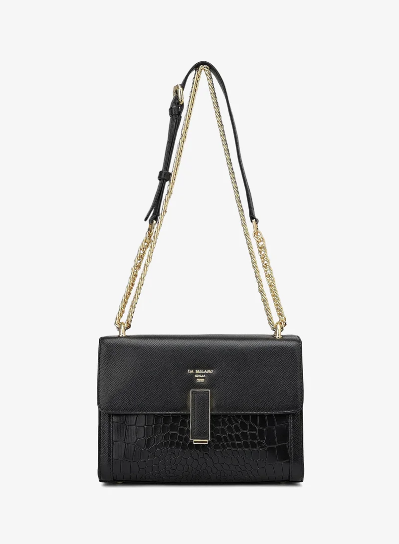 Small Franzy Croco Leather Shoulder Bag - Black