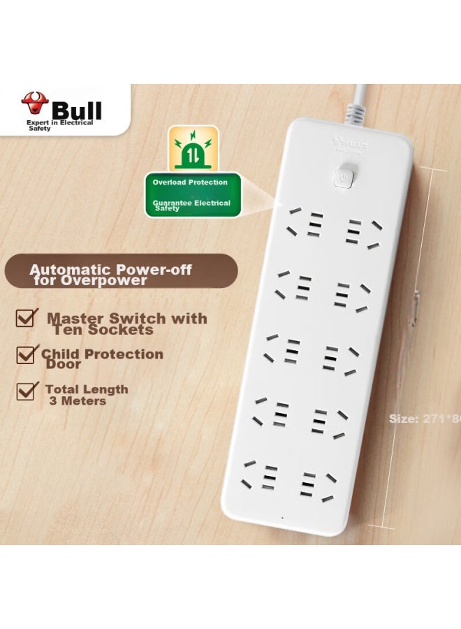 Bull Gn-b20a0 Power Strip/extension Cord/power Bar/power Strip/power Board/power Strip 10 Outlets With Master Switch, 3 Meters Long - Image 1