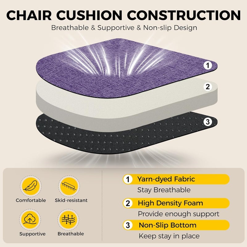 downluxe Indoor Chair Cushions for Dining Chairs Soft and Comfortable Textured Foam Kitchen Chair Pads with Ties and NonSlip Backing 16 x 16 x 2 Purple 4 Pack - Image 3