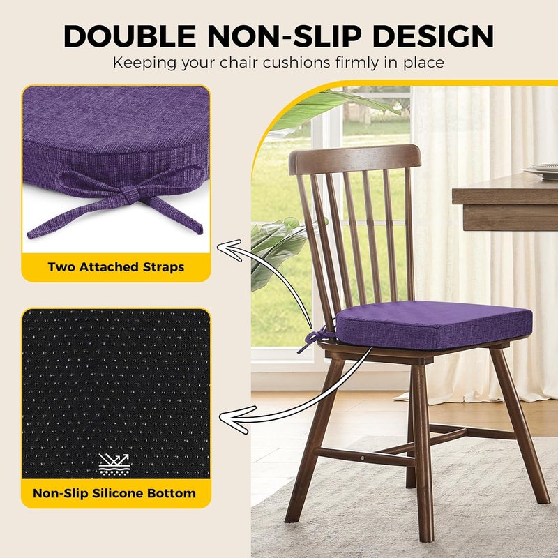 downluxe Indoor Chair Cushions for Dining Chairs Soft and Comfortable Textured Foam Kitchen Chair Pads with Ties and NonSlip Backing 16 x 16 x 2 Purple 4 Pack - Image 4