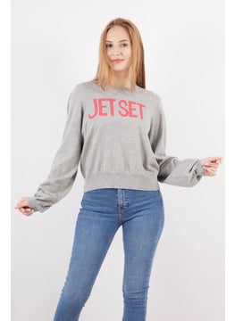 Women Crew Neck Long Sleeve Embroidered Sweater, Grey