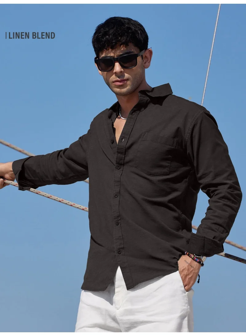 The Souled Store The Souled Store Men Grey Brown Solid Regular Fit Cotton Linen Shirts