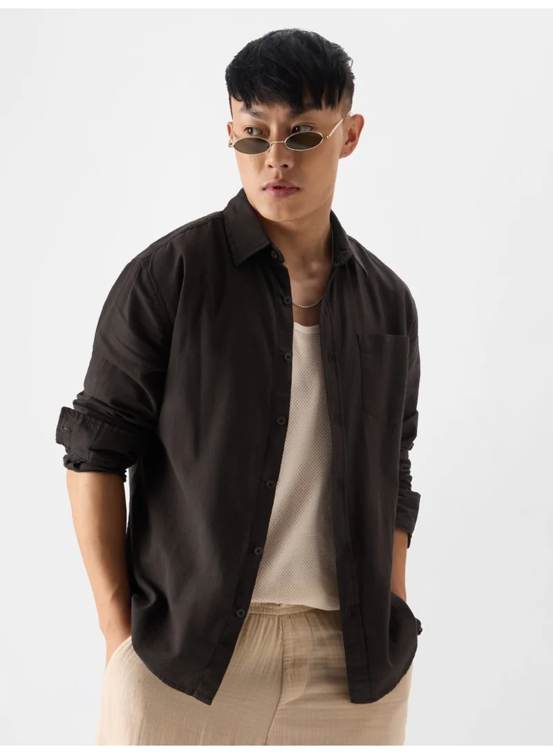 The Souled Store The Souled Store Men Grey Brown Solid Regular Fit Cotton Linen Shirts