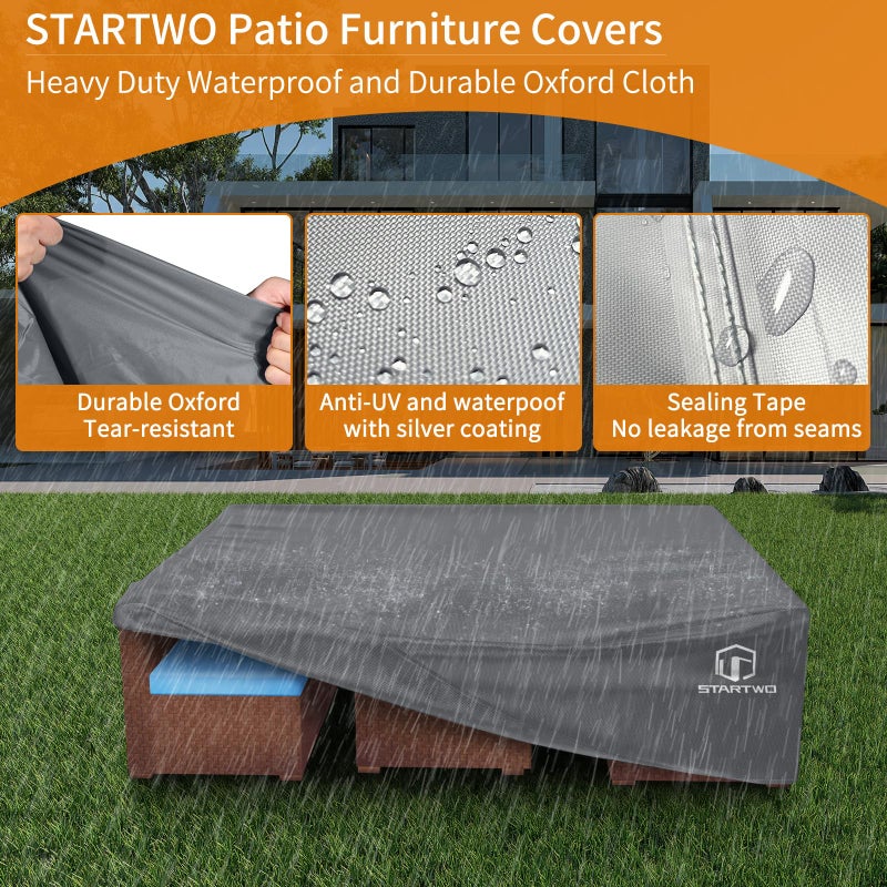 STARTWO Patio Furniture Covers Waterproof, Anti-UV Tear-Resistant 500D Heavy Duty 7-12 Seats Outdoor Furniture Cover for Sectional Sofa and Table Chairs, 110"x84"x28", Grey - Image 3