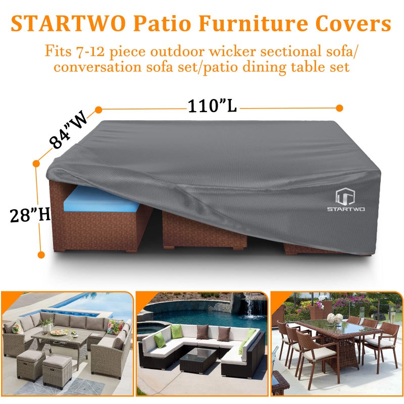 STARTWO Patio Furniture Covers Waterproof, Anti-UV Tear-Resistant 500D Heavy Duty 7-12 Seats Outdoor Furniture Cover for Sectional Sofa and Table Chairs, 110"x84"x28", Grey - Image 2