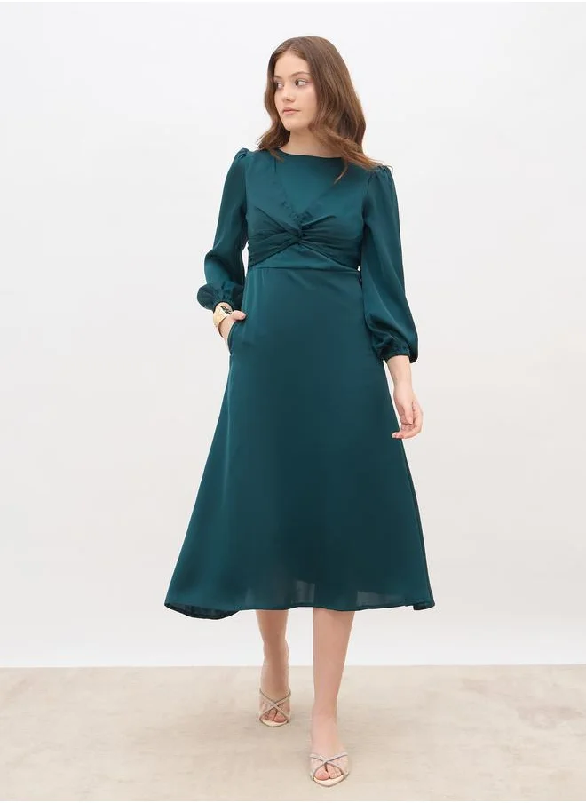 Styli Styli Women Teal Plain Satin Knot Front Balloon Sleeves A-Line Midi Dress
