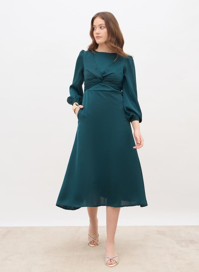 ستايلي فستان ميدي - بأكمام بالون وعقدة أمامية من الساتان بلون أزرق مخضر للنساء - Image 2