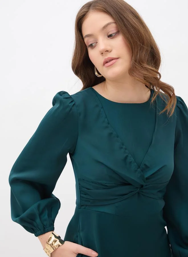 Styli Styli Women Teal Plain Satin Knot Front Balloon Sleeves A-Line Midi Dress
