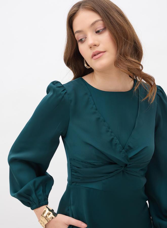 ستايلي فستان ميدي - بأكمام بالون وعقدة أمامية من الساتان بلون أزرق مخضر للنساء - Image 4