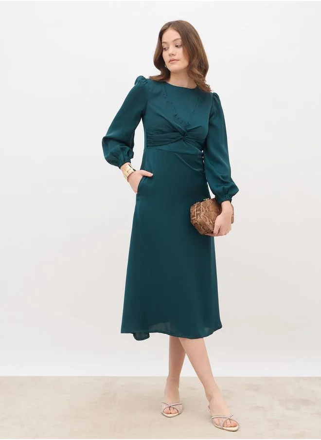 Styli Styli Women Teal Plain Satin Knot Front Balloon Sleeves A-Line Midi Dress