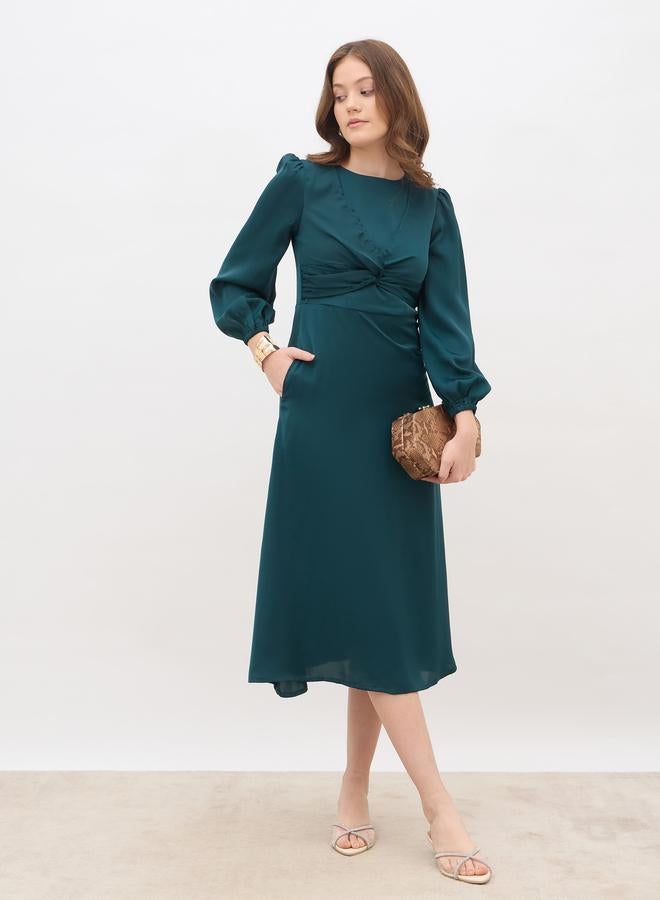 ستايلي فستان ميدي - بأكمام بالون وعقدة أمامية من الساتان بلون أزرق مخضر للنساء - Image 1