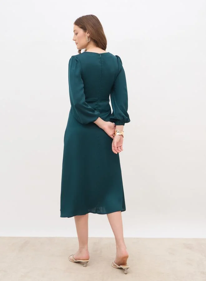 Styli Styli Women Teal Plain Satin Knot Front Balloon Sleeves A-Line Midi Dress