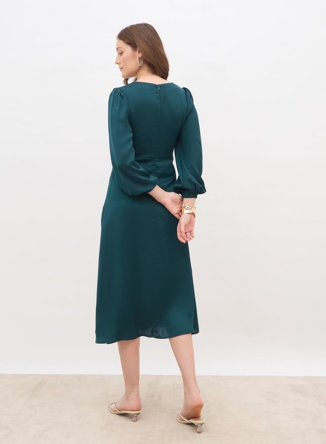 ستايلي فستان ميدي - بأكمام بالون وعقدة أمامية من الساتان بلون أزرق مخضر للنساء - Image 5