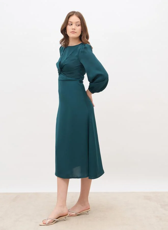 Styli Styli Women Teal Plain Satin Knot Front Balloon Sleeves A-Line Midi Dress