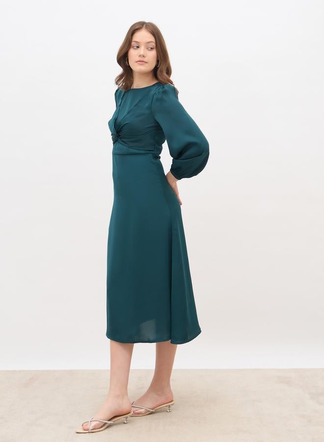 ستايلي فستان ميدي - بأكمام بالون وعقدة أمامية من الساتان بلون أزرق مخضر للنساء - Image 3