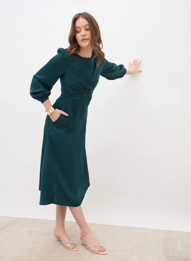 Styli Styli Women Teal Plain Satin Knot Front Balloon Sleeves A-Line Midi Dress