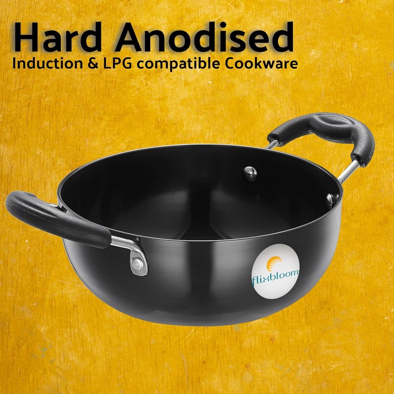 FLIXBLOOM Flixbloom Special 4 Pieces Induction Base Combo Cookware Set Hard Anodised Utensil Kadhai Frying Pan Fry Pan Sauce Pan Tawa 4LKadaiSauce Pan 15Frypan 4  - Image 3