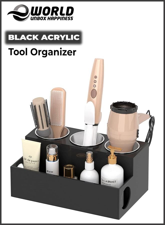 Eworld Black Acrylic Hair Tools Organizer with 3 Stainless Steel cups, Ultimate Solution for Stationery, Cosmetics, Toiletries and Vanity Accessories Bathroom Countertop Storage Stand for Home, Office, Hotel - Image 1