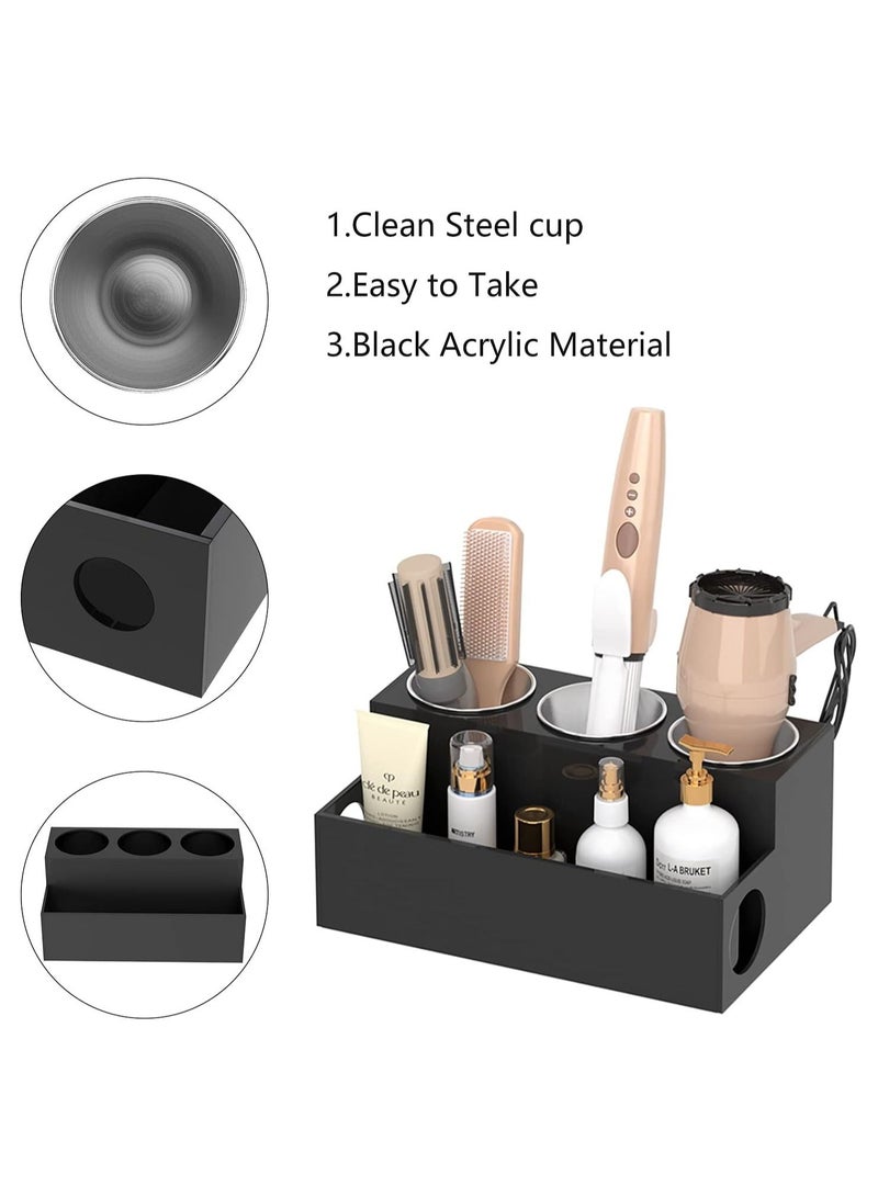 Eworld Black Acrylic Hair Tools Organizer with 3 Stainless Steel cups, Ultimate Solution for Stationery, Cosmetics, Toiletries and Vanity Accessories Bathroom Countertop Storage Stand for Home, Office, Hotel - Image 3