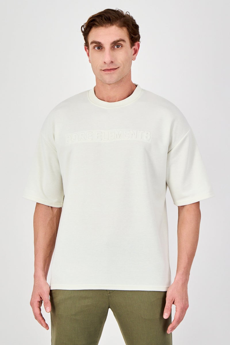 Core Elements Men Ribbed Collar Short Sleeve Brand Logo T-Shirt, Cream - Image 1