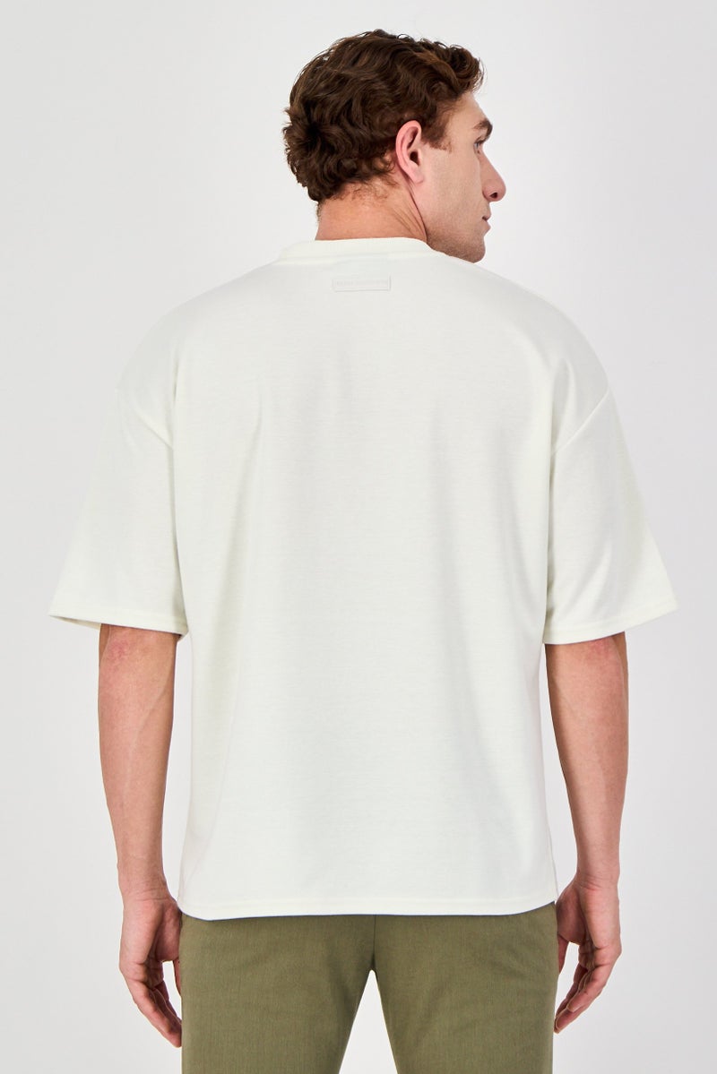 Core Elements Men Ribbed Collar Short Sleeve Brand Logo T-Shirt, Cream - Image 3
