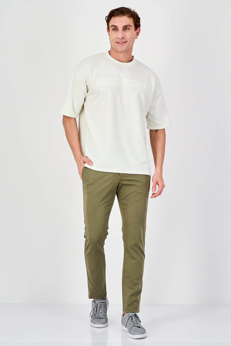 Core Elements Men Ribbed Collar Short Sleeve Brand Logo T-Shirt, Cream - Image 4