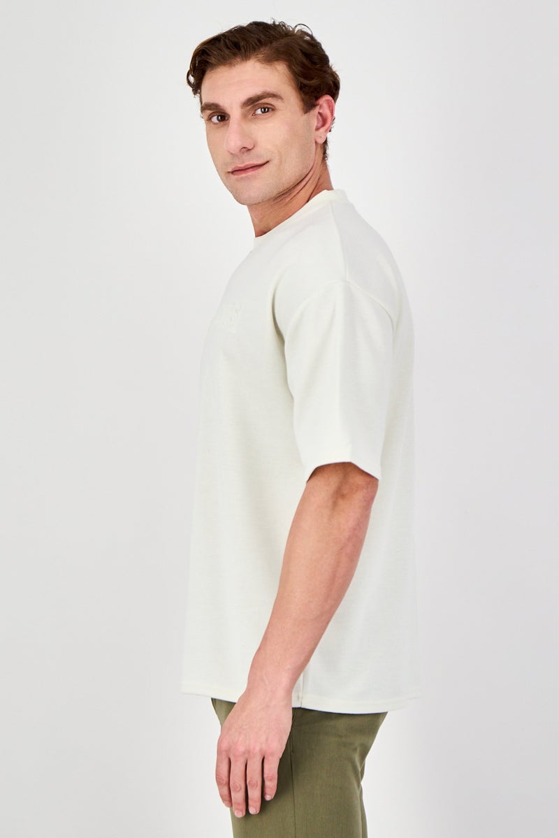Core Elements Men Ribbed Collar Short Sleeve Brand Logo T-Shirt, Cream - Image 2