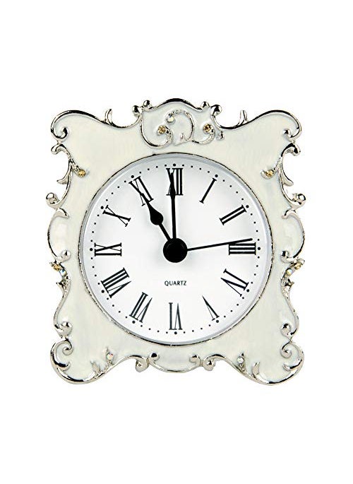 NIKKY HOME NIKKY HOME Pewter Pretty Small and Cute Vintage Table Clock with Quartz Analog Crystal Rhinestone 3 Inch for Living Room Bathroom Decoration White Enamel 