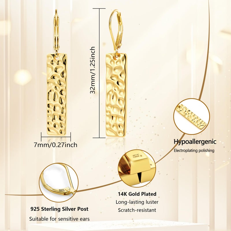 ALEXCRAFT Gold Dangle Drop Earrings for Women, 14K Goldplated French Hook Leverback Earrings, Lightweight Trendy Earing Gold Long Chunky Hammered Square Bar Drop Earing for Women Statement Jewelry - Image 3