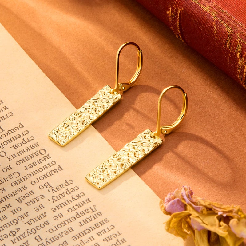 ALEXCRAFT Gold Dangle Drop Earrings for Women, 14K Goldplated French Hook Leverback Earrings, Lightweight Trendy Earing Gold Long Chunky Hammered Square Bar Drop Earing for Women Statement Jewelry - Image 5
