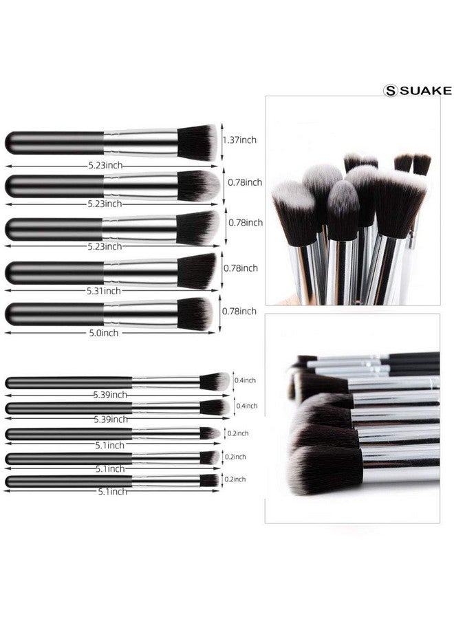 SUAKE 10 Pcs Professional Makeup Brush Set Made Of Premium Synthetic Bristles With Ultra Soft Powder Brush, Foundation Brush For Face Makeup & Eyeshadow Brush For Makeup (Pack Of 10) ( Black And Silver ) - Image 2