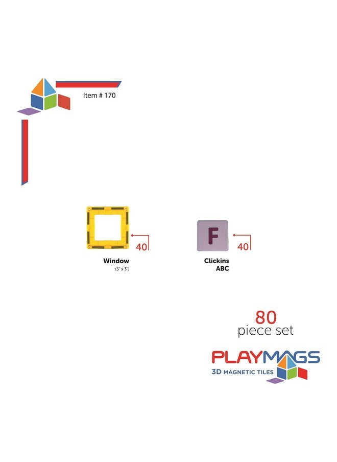 Playmags Playmags Magnetic Tile Building Set: Exclusive Educational Clickins - 80-Pc. Kit: 40 Super Strong Clear Color Magnet Tiles Windows & 40 Letters & Numbers - Stimulate Creativity & Brain Development  - Image 5