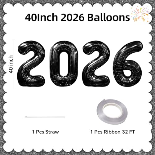 KALOR 42 Inch 2026 Black Foil Mylar Number Balloons 2026 New Years Decorations for 2026 Happy New Year Eve and Graduations Party Supplies - Image 5